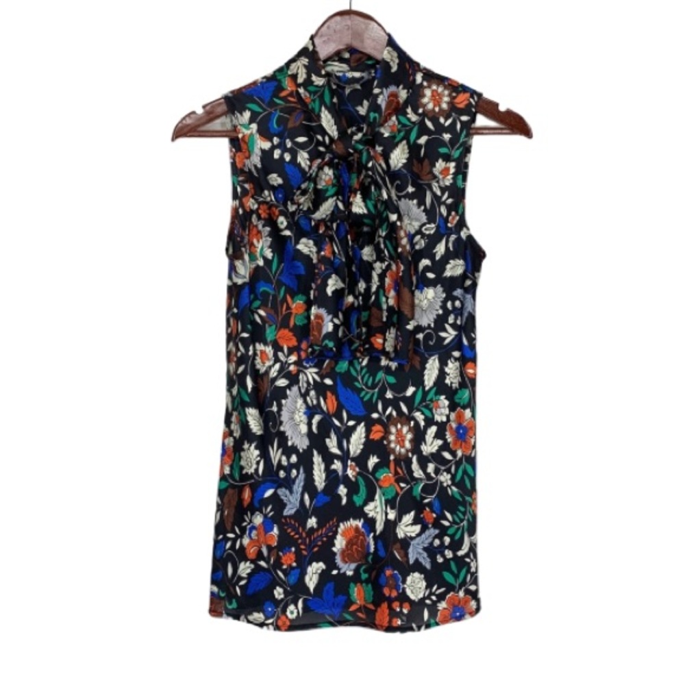 Nine West Career Office Fall Floral Sleeveless Blouse With Tied Neck Size Small